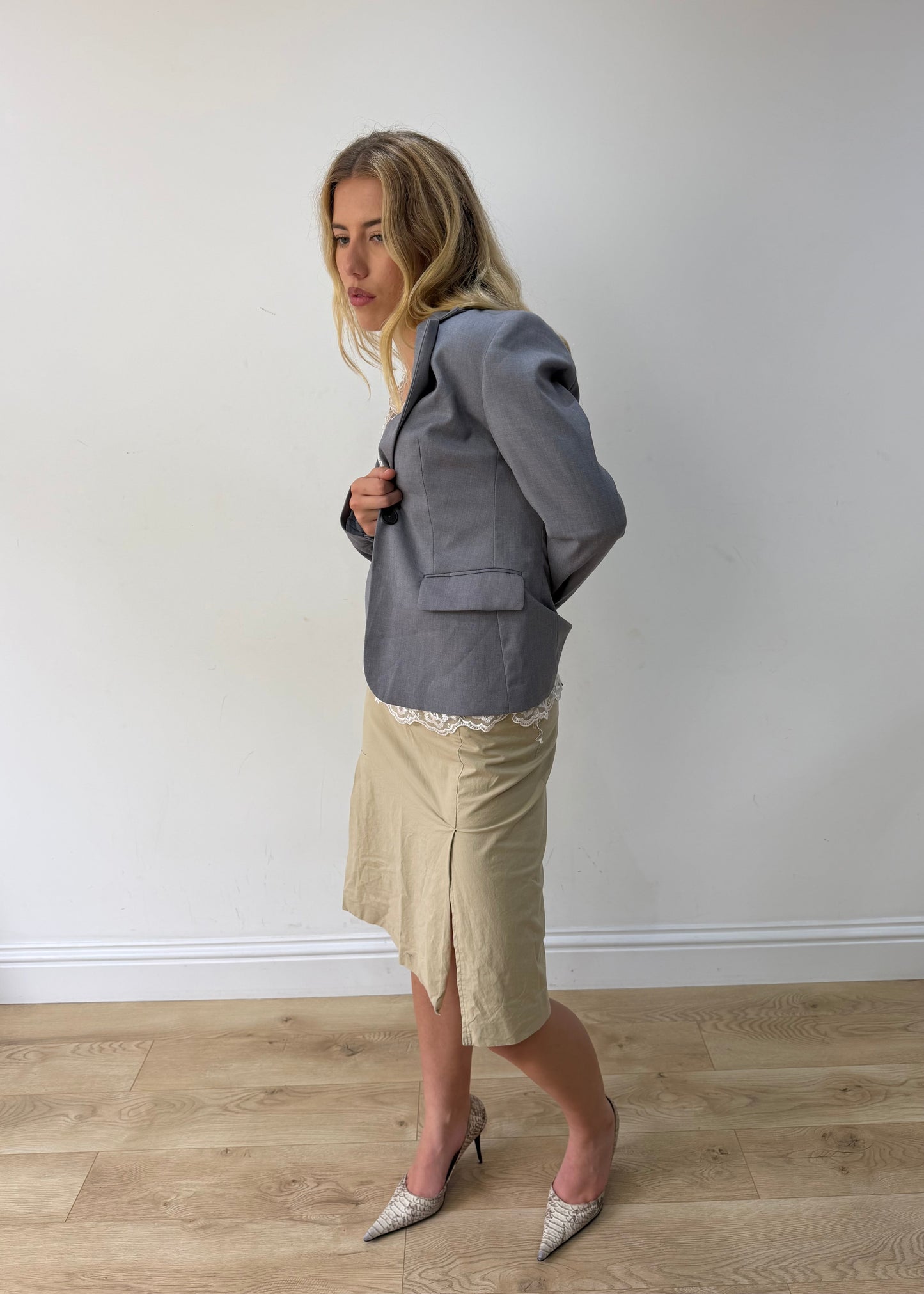medium grey old label H&M single-button fitted blazer — photographed on Lily