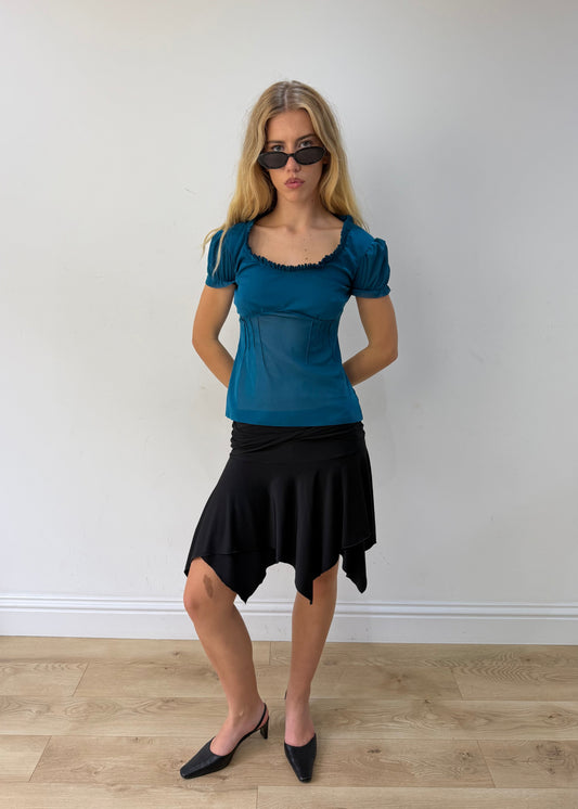small black asymmetric handkerchief-hem skirt — photographed on Lily