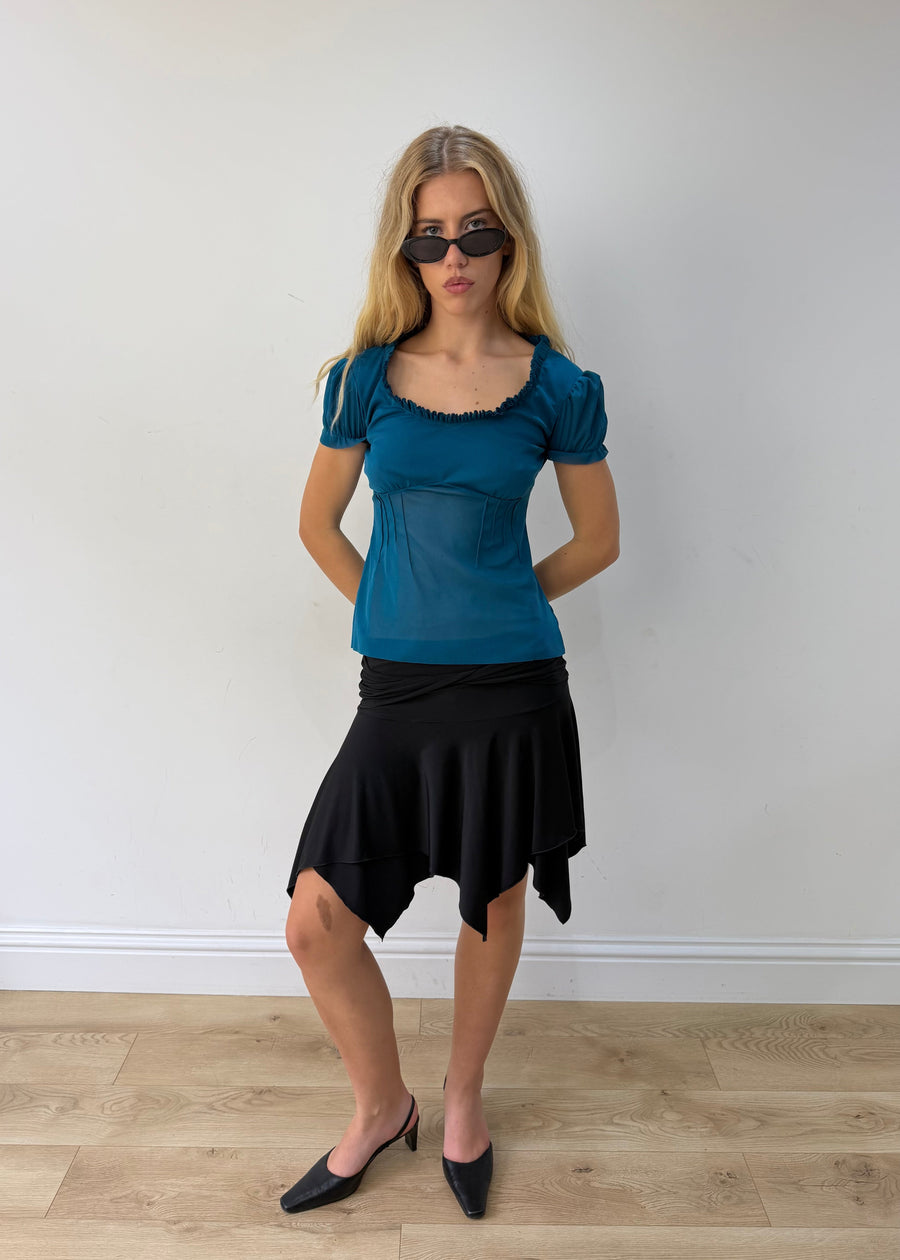 small black asymmetric handkerchief-hem skirt — photographed on Lily