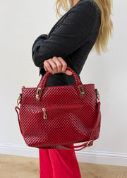 one size red woven-effect structured handbag — photographed on Lily