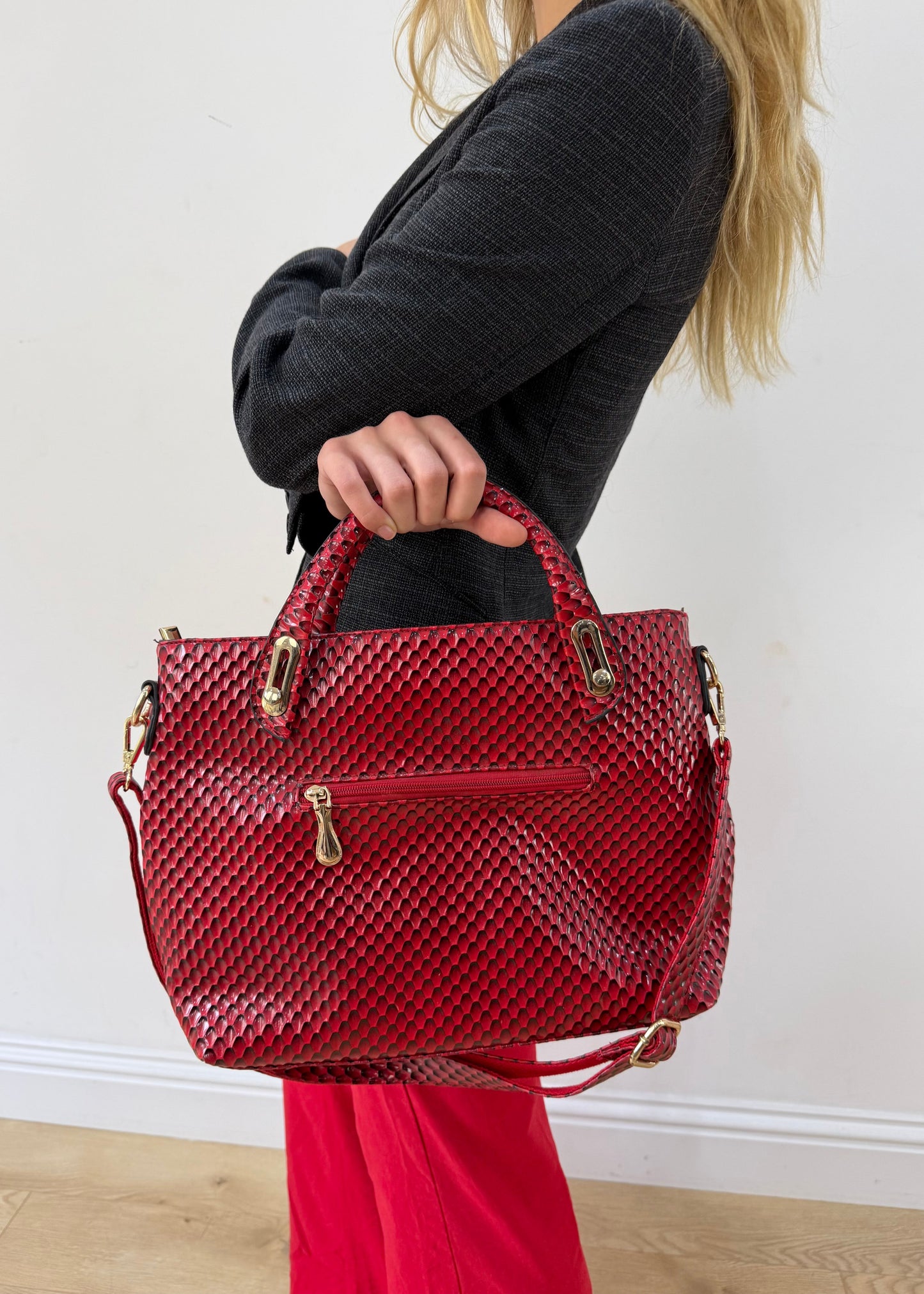 one size red woven-effect structured handbag — photographed on Lily
