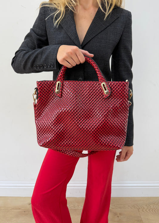 one size red woven-effect structured handbag — photographed on Lily