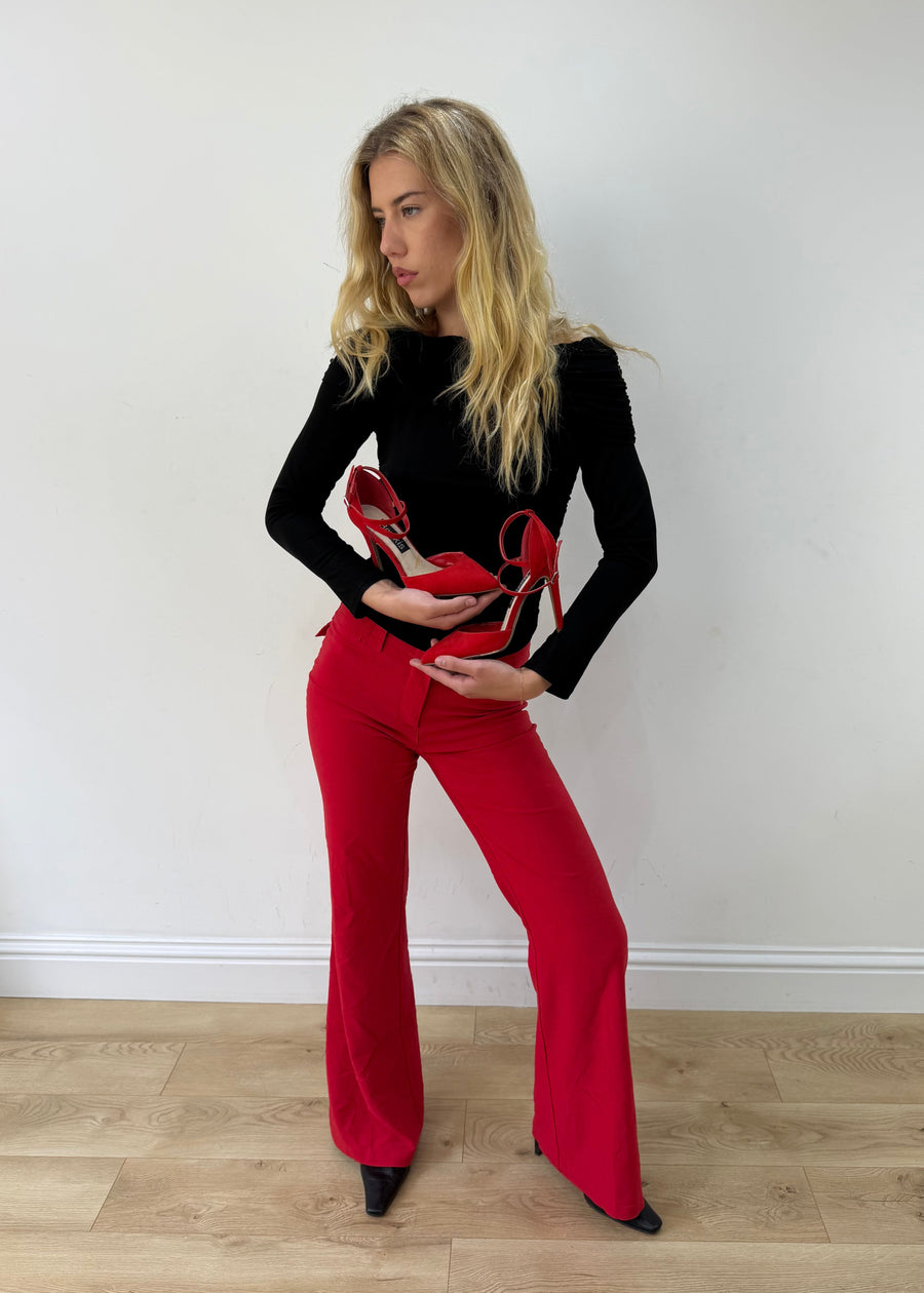 uk 4 red pointed-toe strappy stiletto heels — photographed on Lily