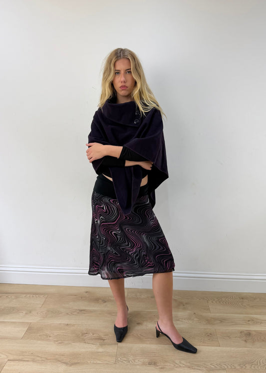 one size dark purple button-detail asymmetric poncho — photographed on Lily