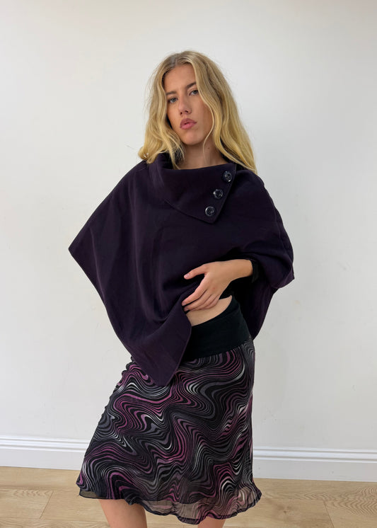 one size dark purple button-detail asymmetric poncho — photographed on Lily