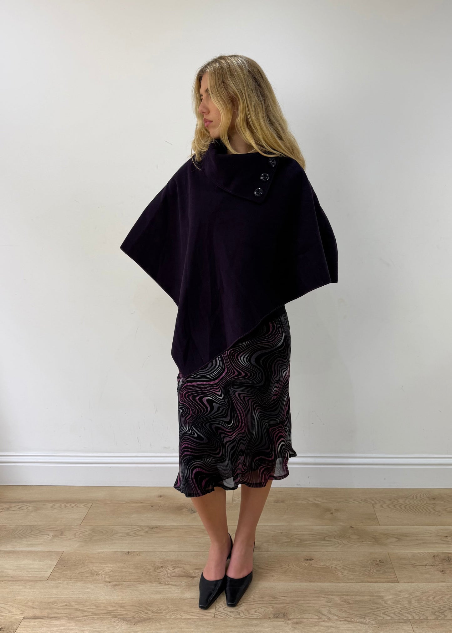 one size dark purple button-detail asymmetric poncho — photographed on Lily