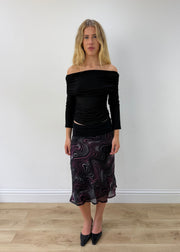 medium purple and white swirl-print mesh midi skirt — photographed on Lily