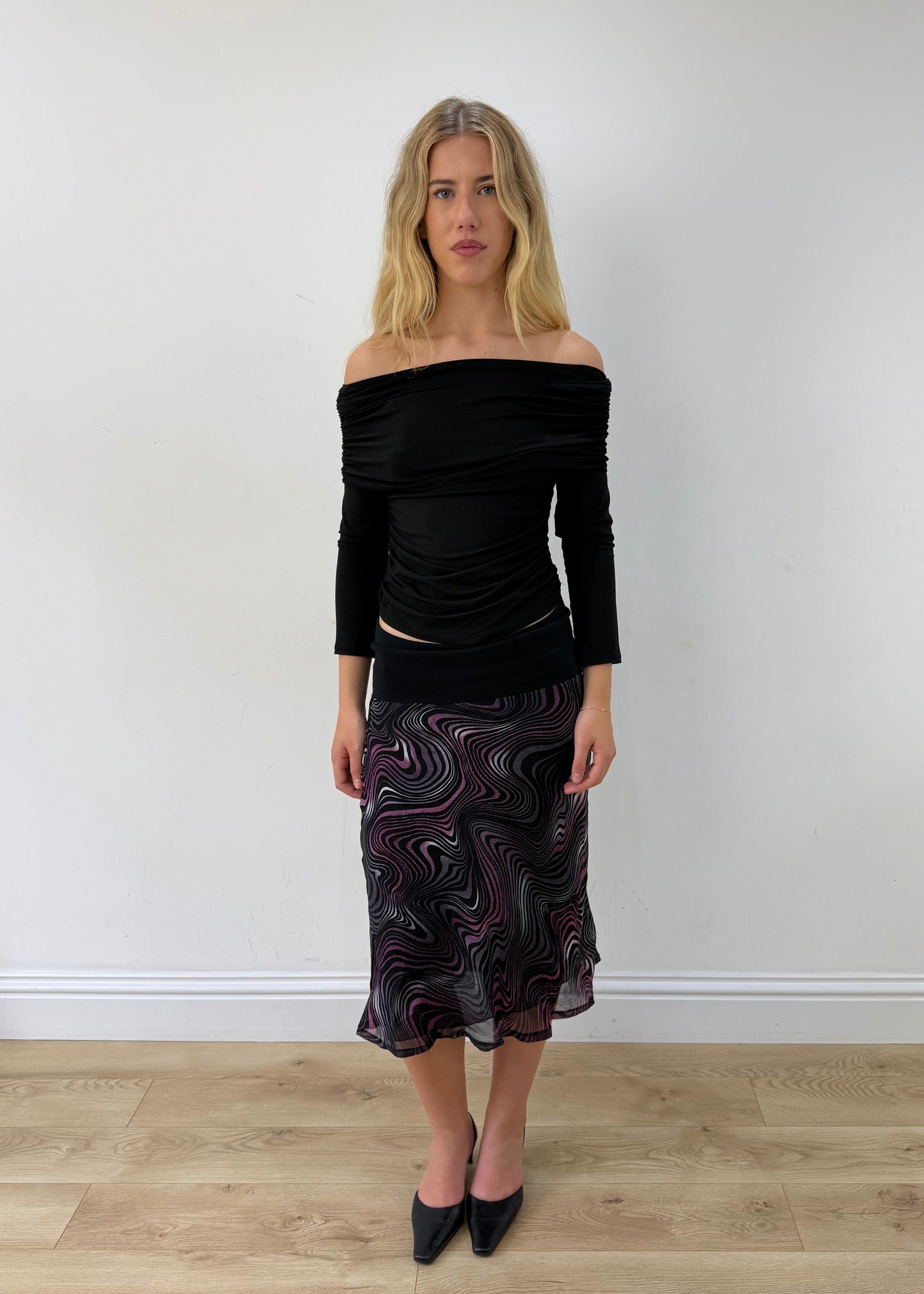 medium purple and white swirl-print mesh midi skirt — photographed on Lily