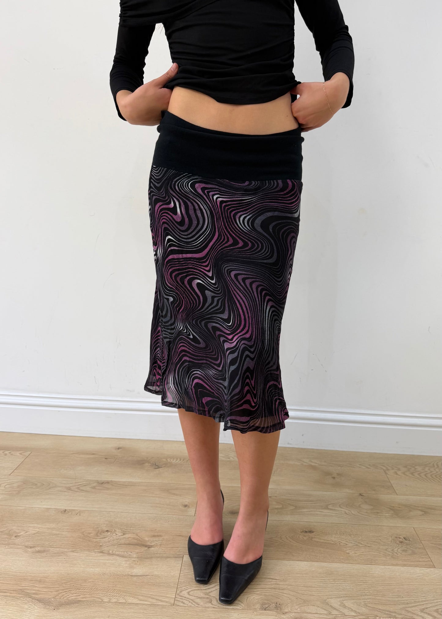medium purple and white swirl-print mesh midi skirt — photographed on Lily