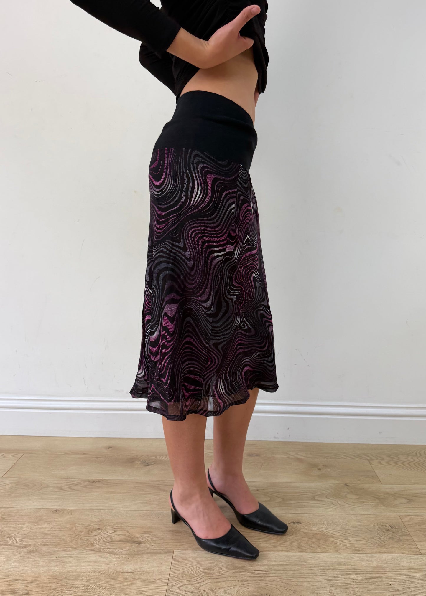 medium purple and white swirl-print mesh midi skirt — photographed on Lily