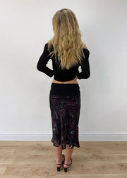 medium purple and white swirl-print mesh midi skirt — photographed on Lily