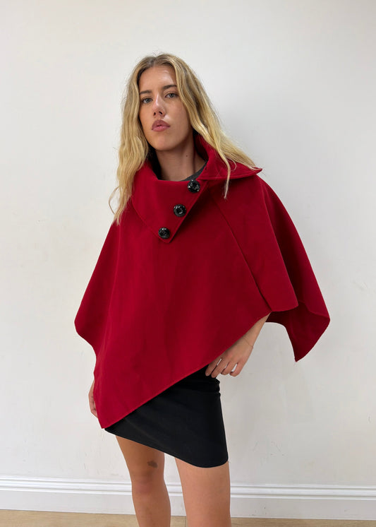 one size red button-detail asymmetric poncho — photographed on Lily