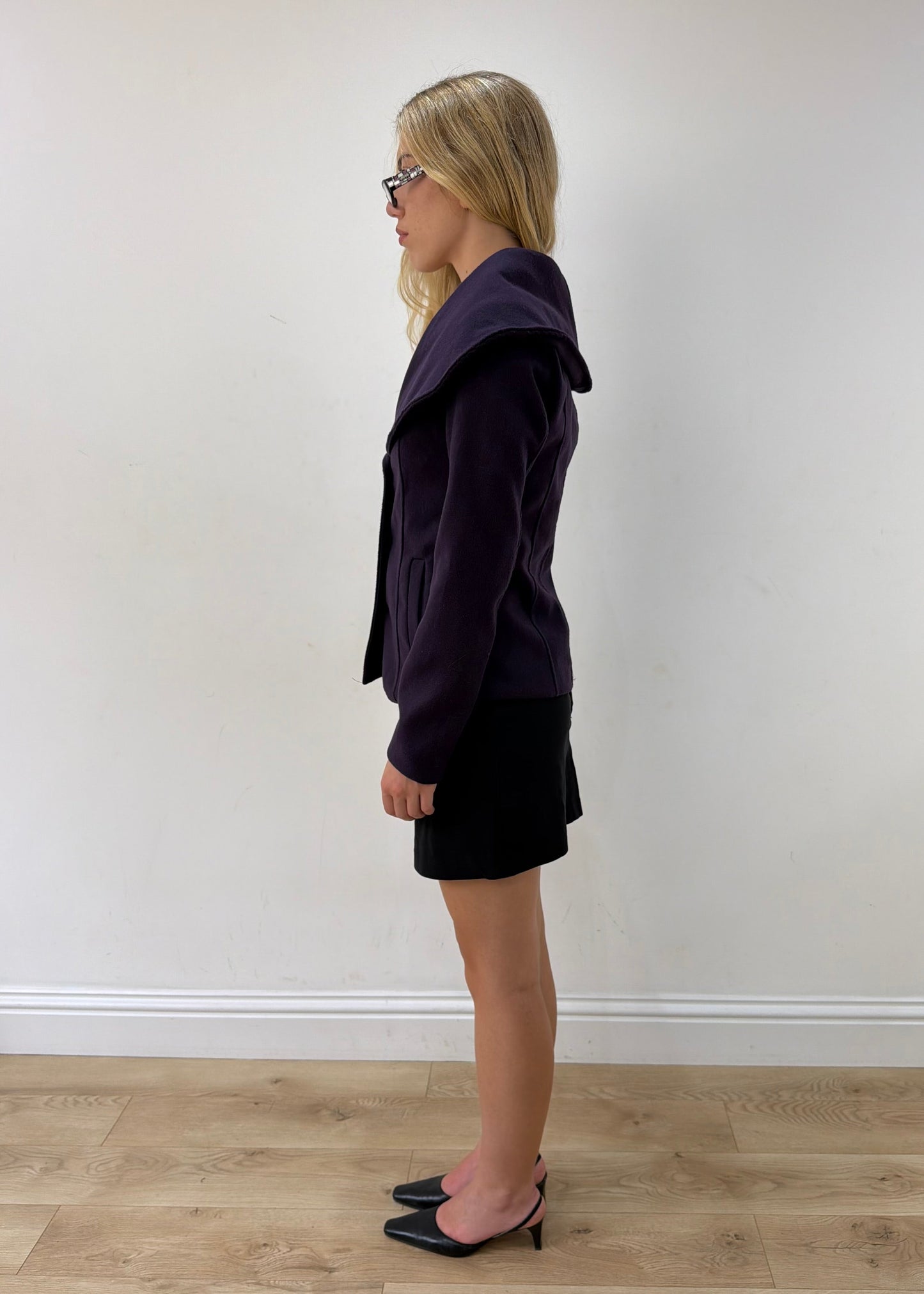small purple oversized-collar fitted blazer — photographed on Lily