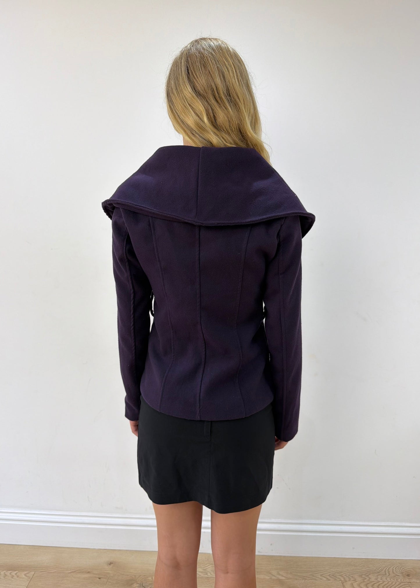 small purple oversized-collar fitted blazer — photographed on Lily