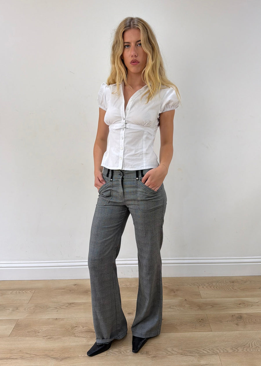 small grey check bootcut trousers — photographed on Lily