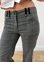 small grey check bootcut trousers — photographed on Lily