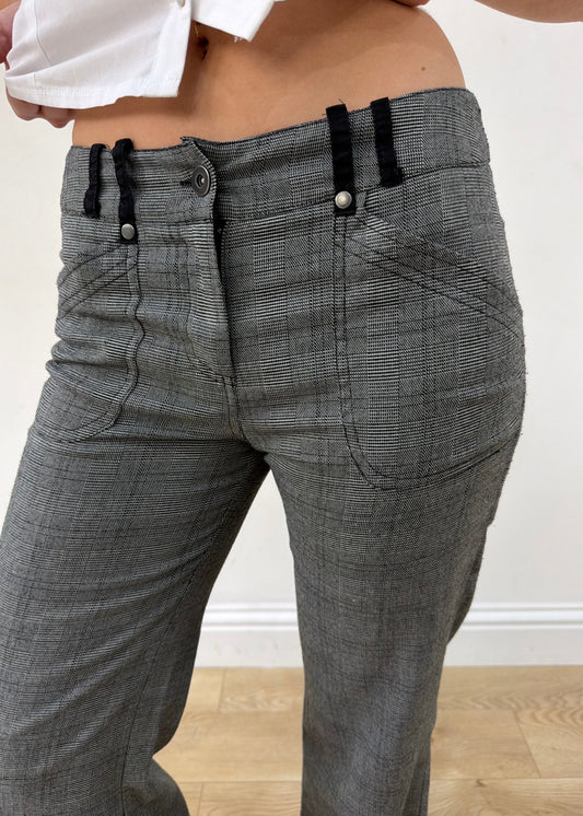 small grey check bootcut trousers — photographed on Lily