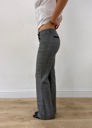 small grey check bootcut trousers — photographed on Lily