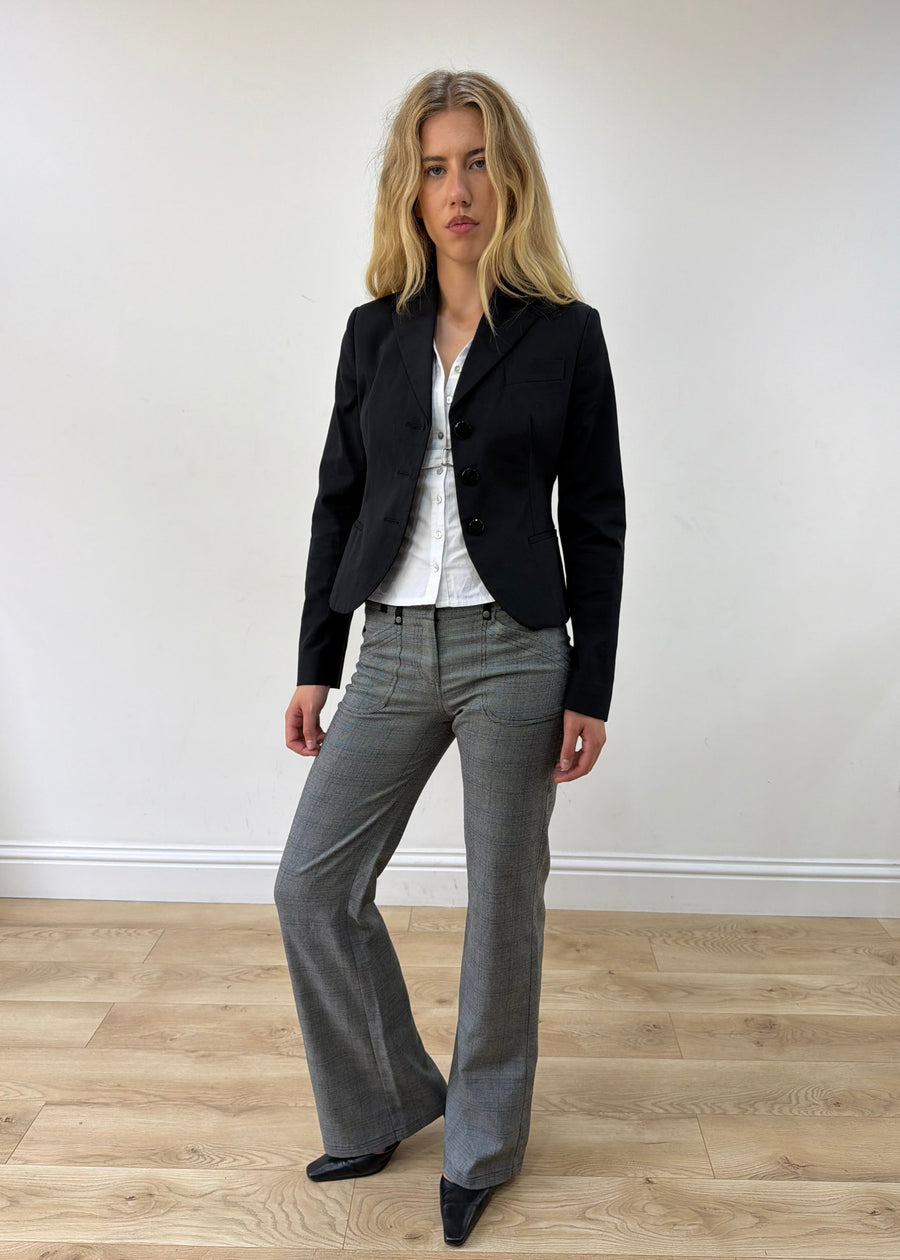 small black cropped single-button blazer — photographed on Lily