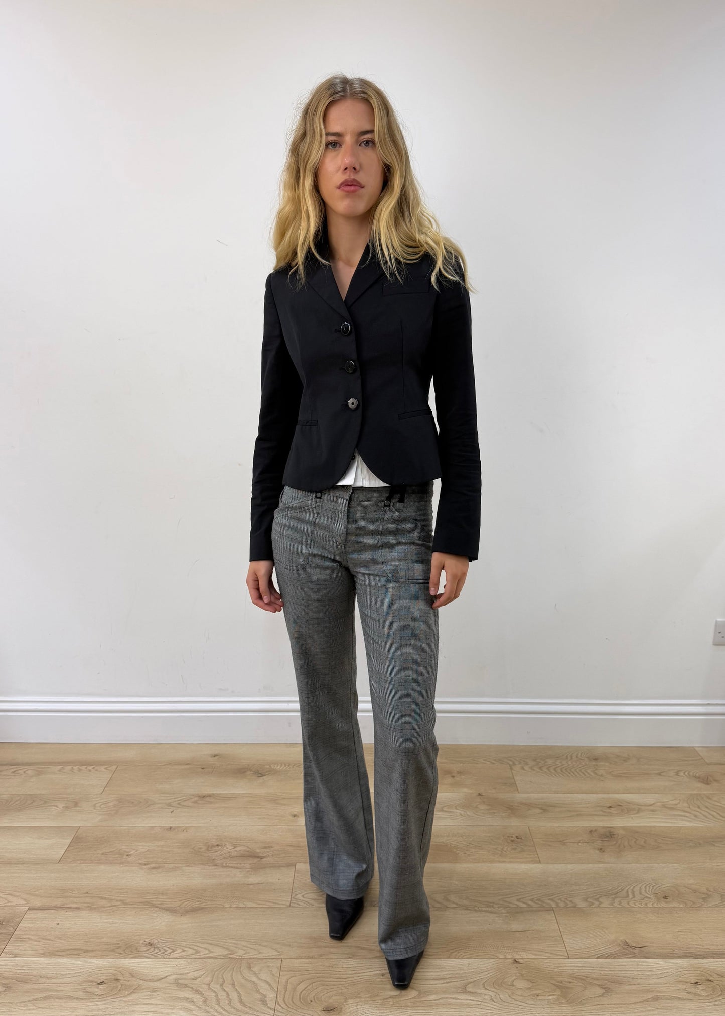 small black cropped single-button blazer — photographed on Lily