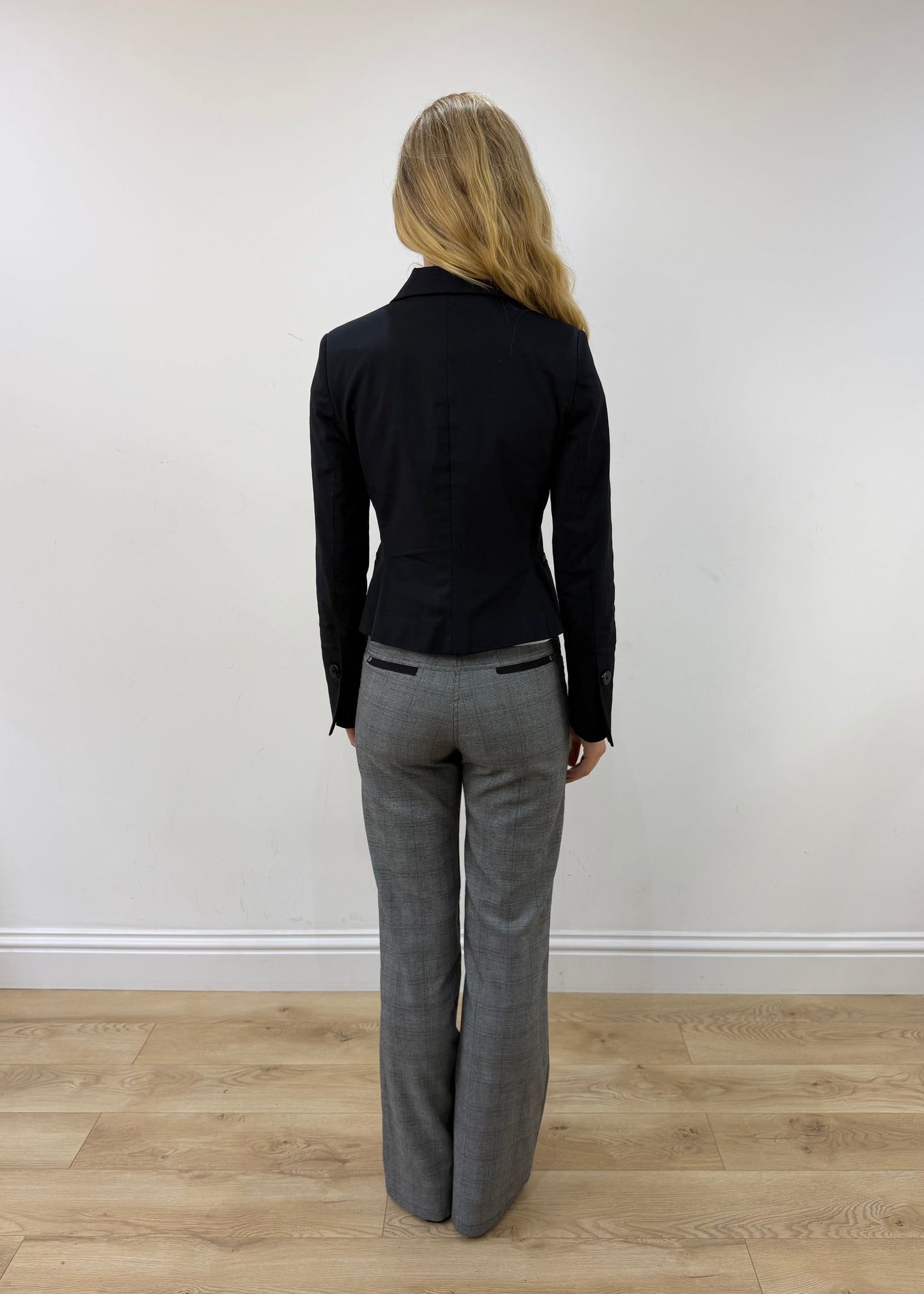 small black cropped single-button blazer — photographed on Lily
