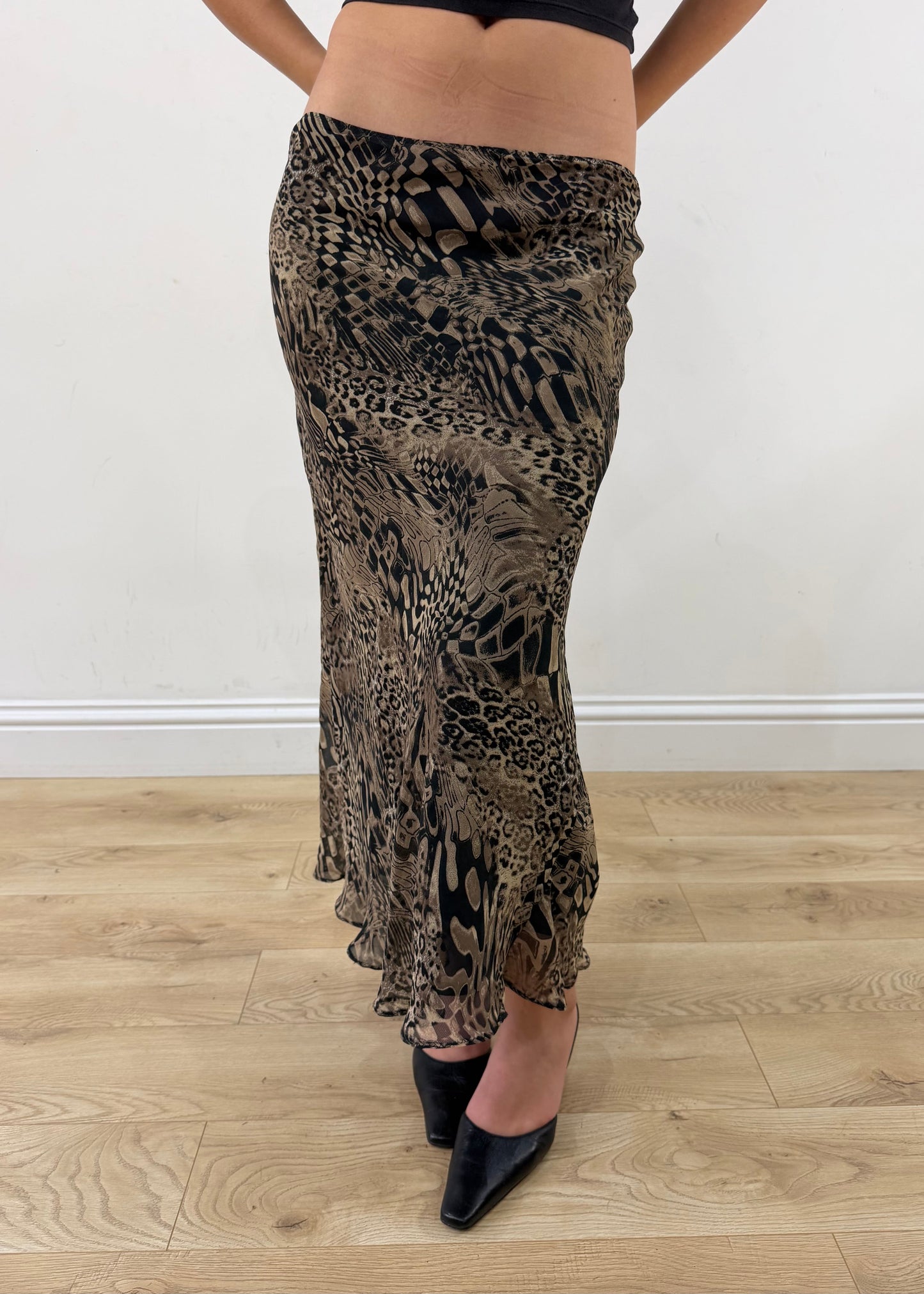 medium beige and black animal-print mesh midi skirt — photographed on Lily