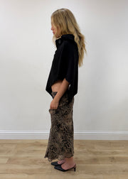 medium beige and black animal-print mesh midi skirt — photographed on Lily
