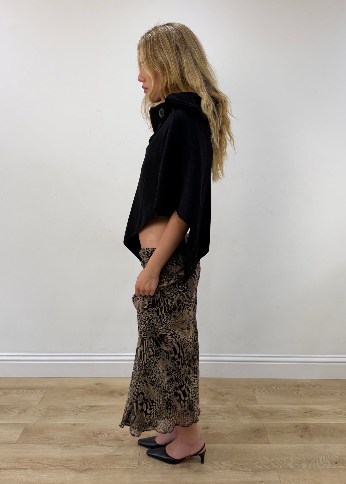 medium beige and black animal-print mesh midi skirt — photographed on Lily