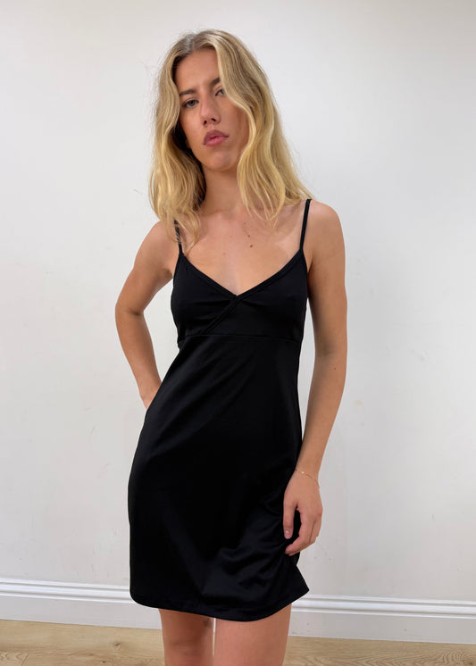 small/medium black camisole mini dress — photographed on Lily