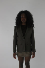 front view of dark olive single-button blazer