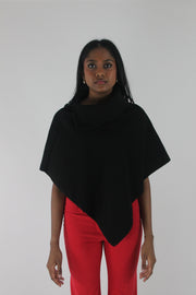 front view of black button-detail asymmetric poncho