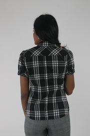 back view of black and white plaid short-sleeve fitted blazer