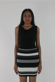 front view of black and white striped cowl-neck sleeveless mini dress