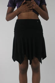 front view of black asymmetric handkerchief-hem skirt