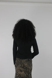 back view of black cropped single-button blazer
