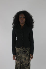 front view of black cropped single-button blazer