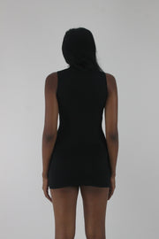 back view of black high-neck sleeveless buckle-detail mini dress