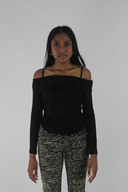 front view of black off-shoulder long-sleeve top