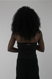 back view of black pinstripe lace-up corset top