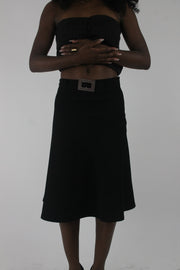 front view of black rhinestone-buckle midi skirt