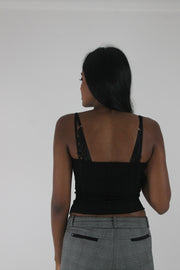back view of black ruched-front spaghetti-strap top