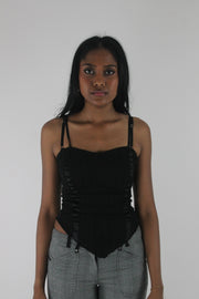 front view of black ruched-front spaghetti-strap top