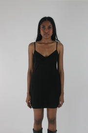 front view of black satin-effect camisole mini dress