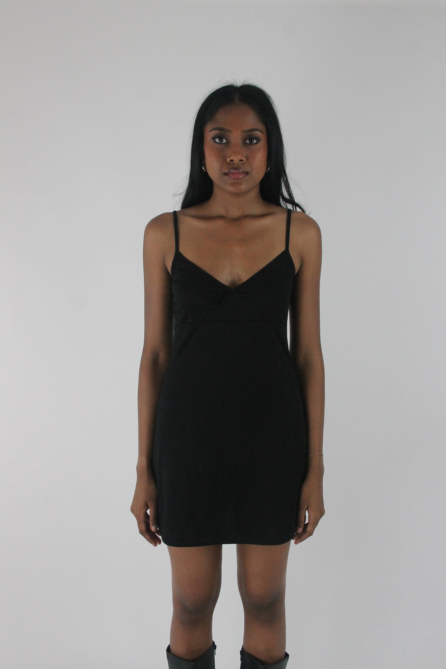 front view of black satin-effect camisole mini dress