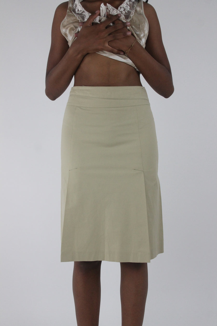 front view of cream high-waisted side-slit midi skirt