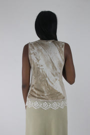 back view of small cream satin-effect sleeveless top with white lace trim