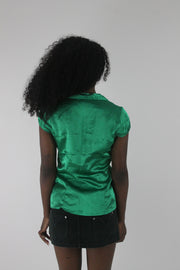 back view of emerald green satin-effect fitted short-sleeve shirt