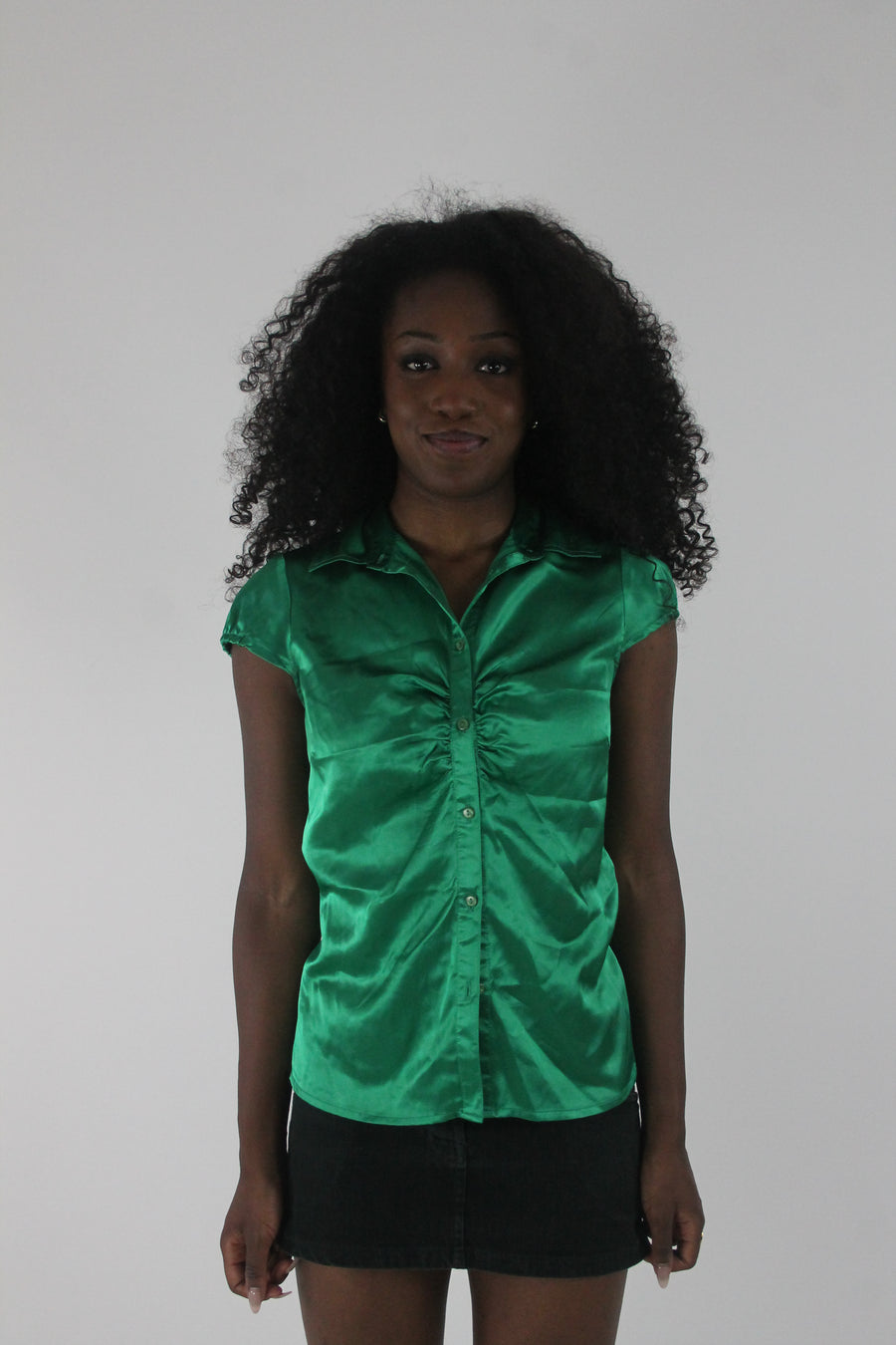 front view of emerald green satin-effect fitted short-sleeve shirt