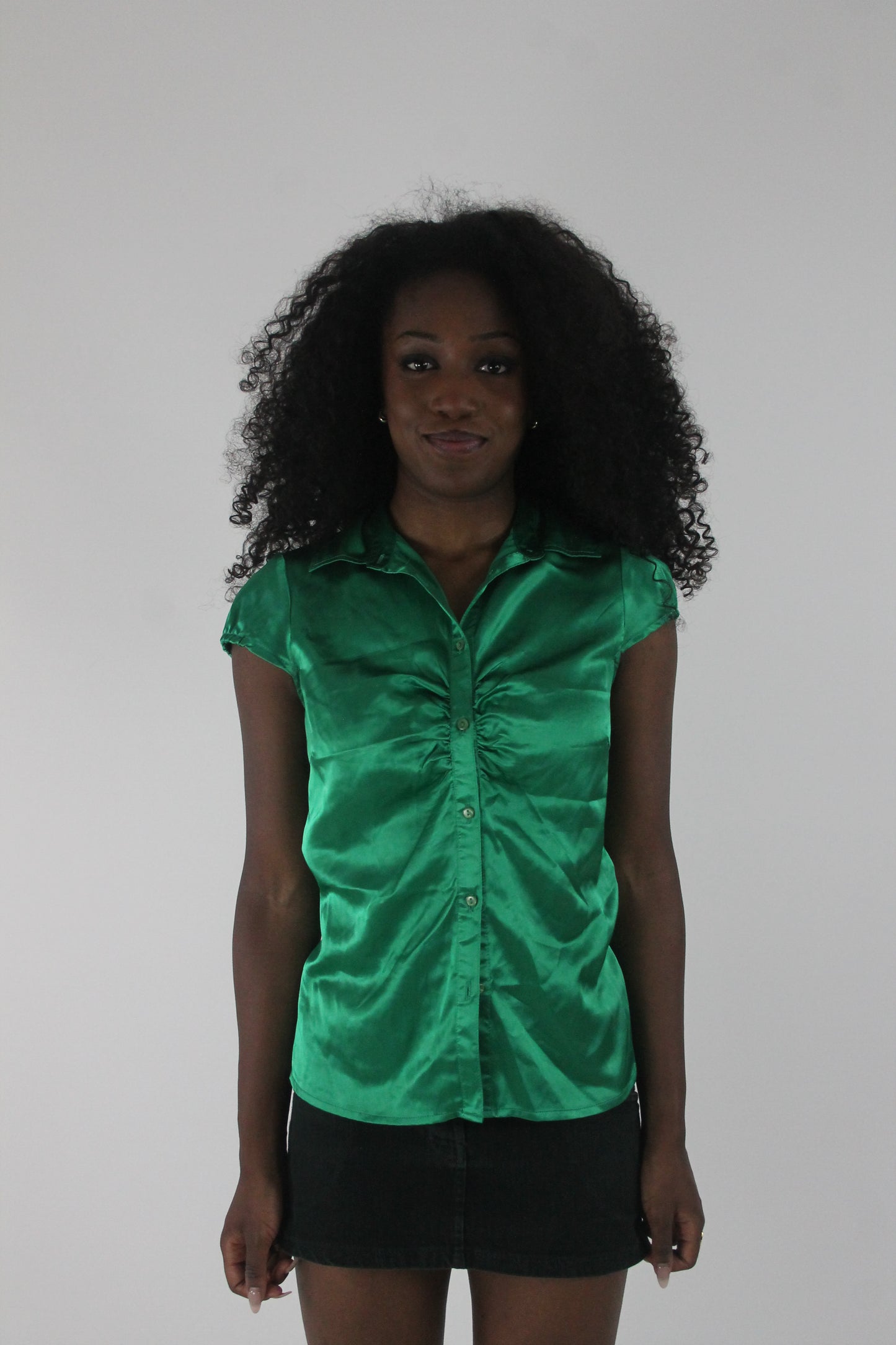front view of emerald green satin-effect fitted short-sleeve shirt