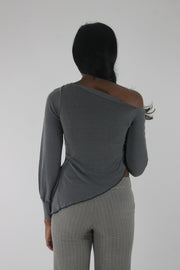 back view of grey asymmetric one-shoulder long-sleeve top
